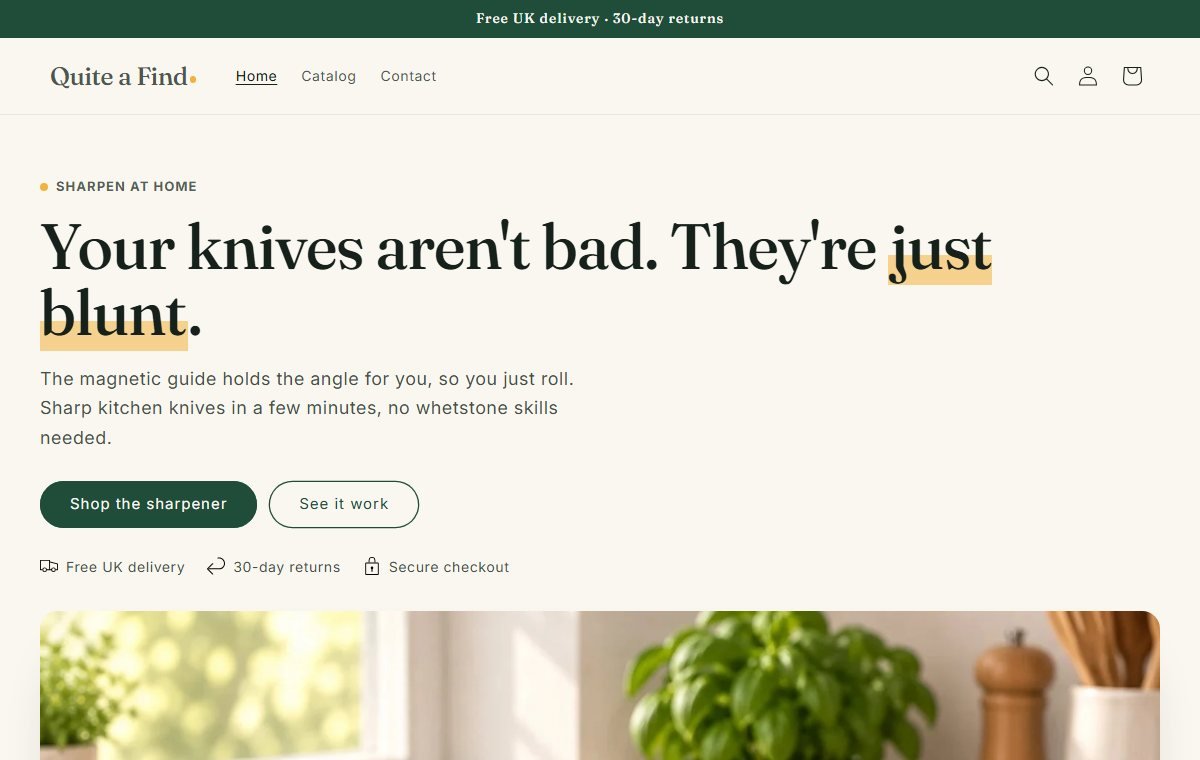 The Quite a Find online store, showing the headline, the free delivery and 30-day returns promises, and the start of the hero image