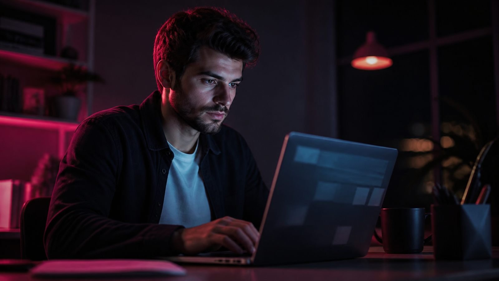 A designer working late at a laptop, screen glowing