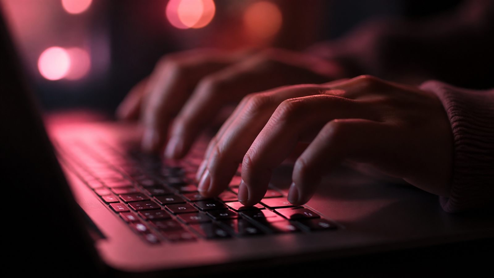 Close-up of hands typing on a laptop keyboard