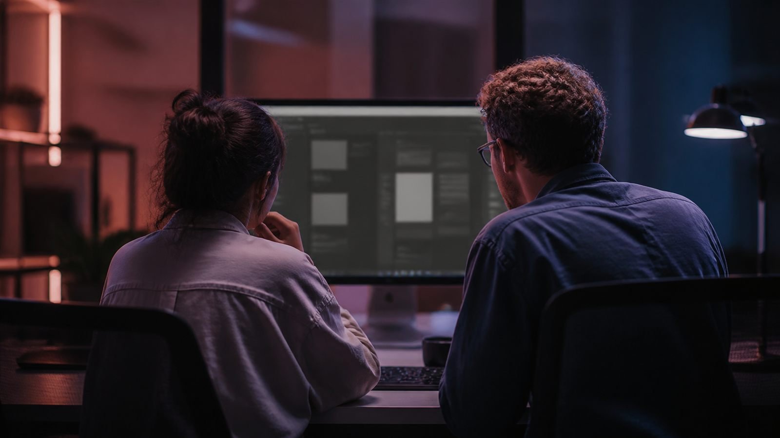 Two designers reviewing a build together at a desk